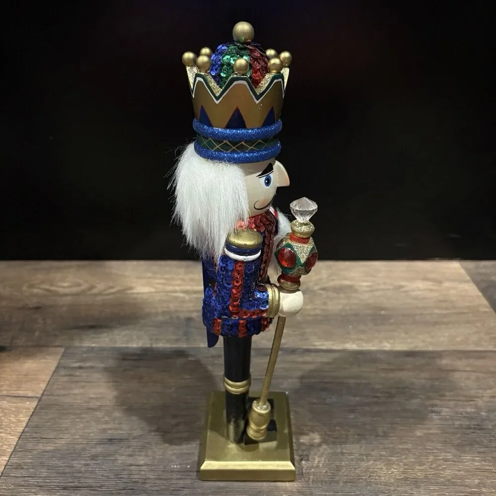12” Sequin Nutcracker King Christmas Decor Red Blue Gold Crown Jeweled Scepter